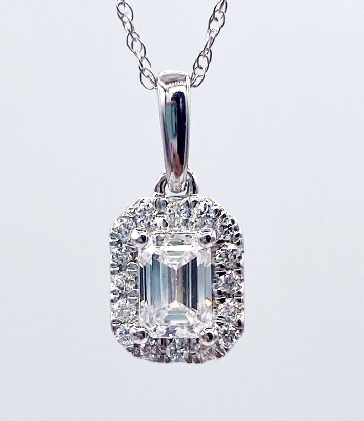 14k White Lab Diamond .62ct Emerald cut Pendant
