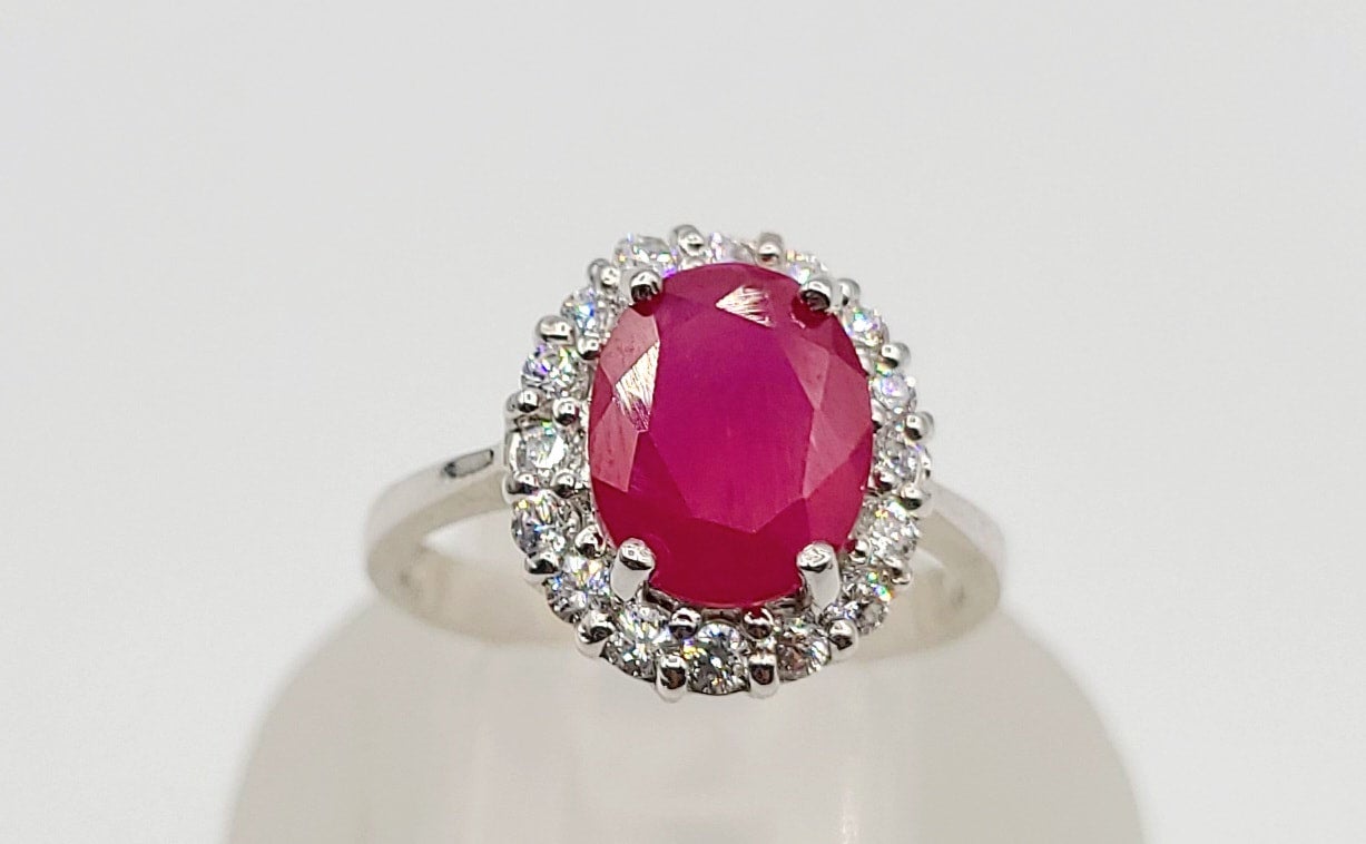 Silver 925 Cubic Zirconia and Synthetic Ruby Stone Ring
