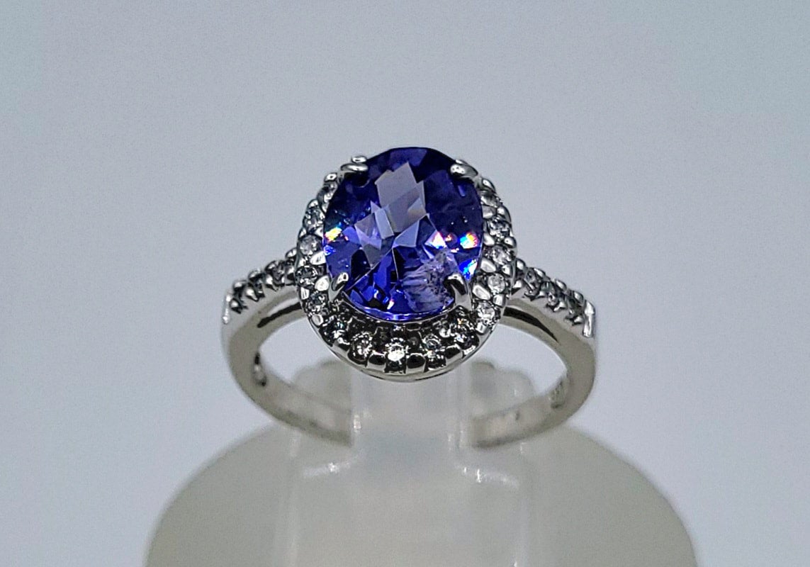 Sterling Silver Cubic Zirconia and Synthetic Tanzanite Ring