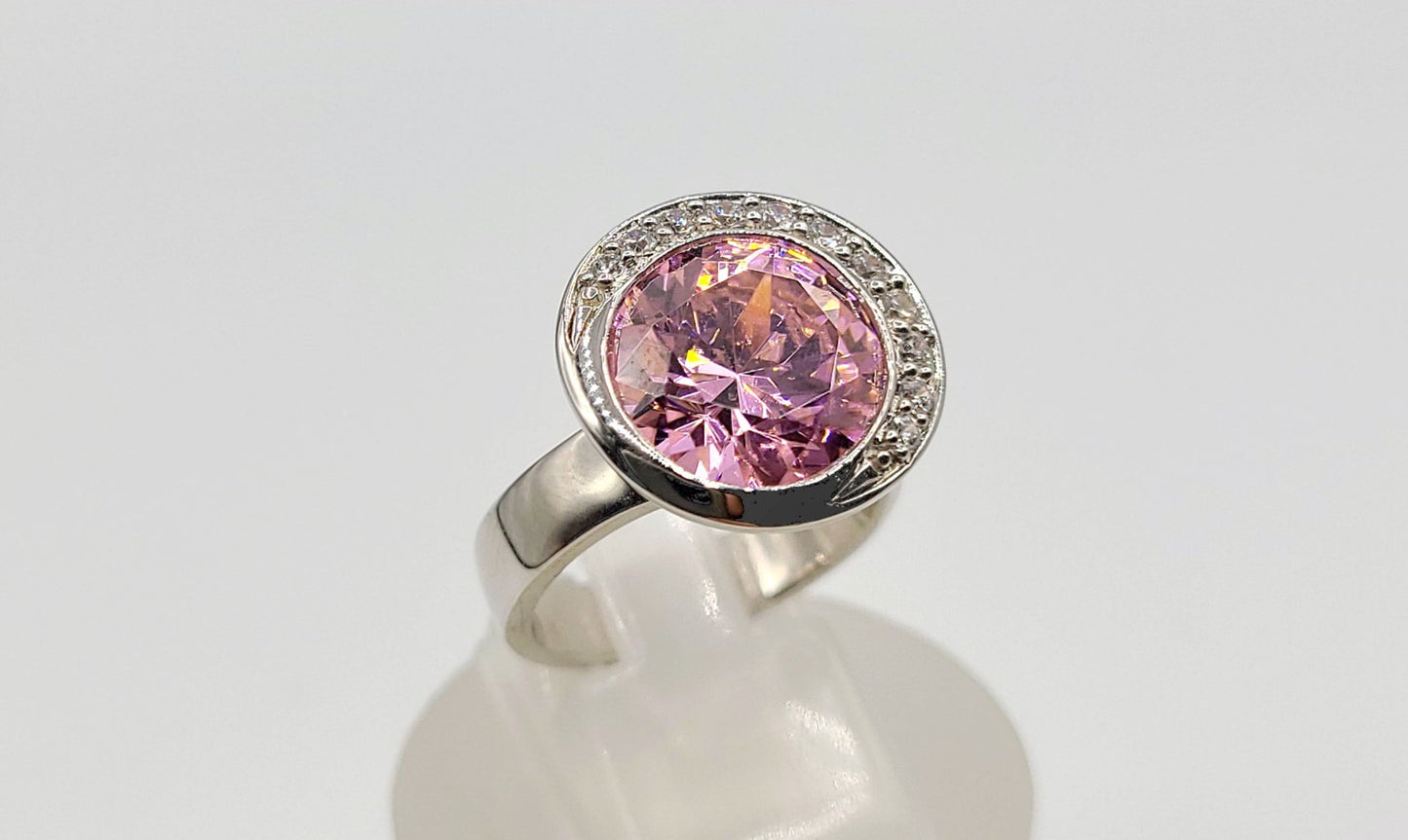 Silver 925 Round Pink Stone 12mm/ Cubic Zirconia Ring