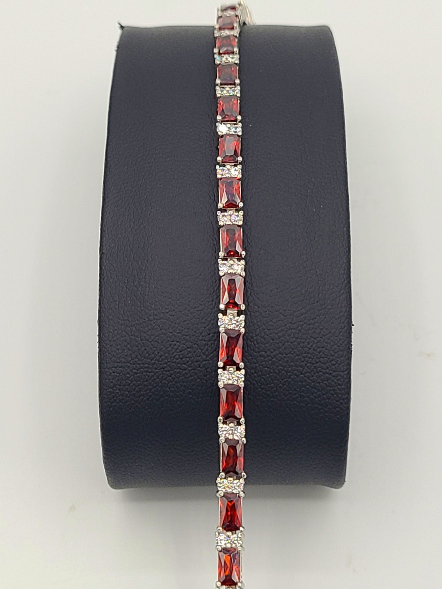 Rhodium Sterling Silver Bracelet with Cubic Zirconia and Synthetic Garnet 7"