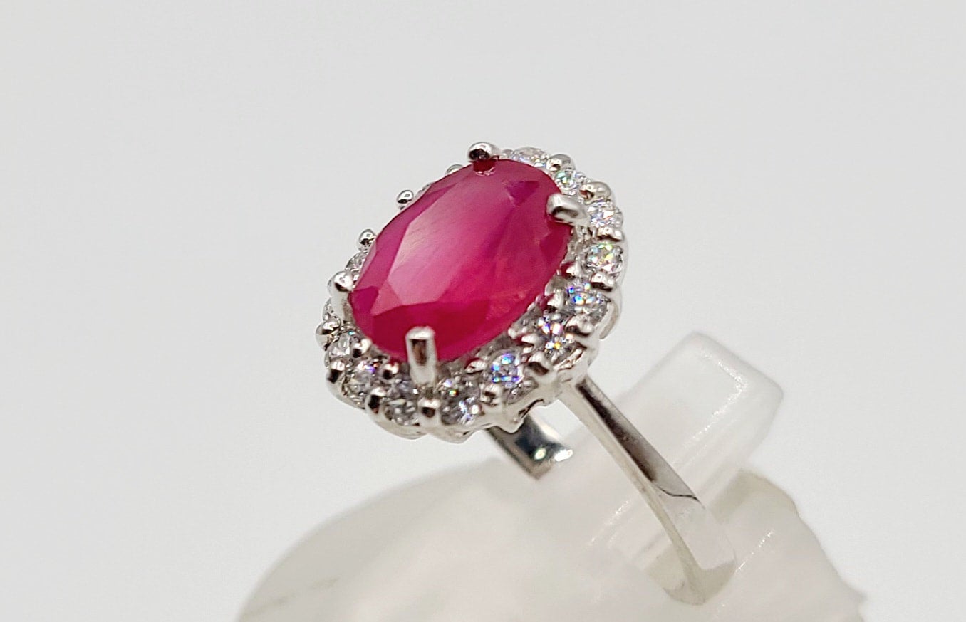 Silver 925 Cubic Zirconia and Synthetic Ruby Stone Ring