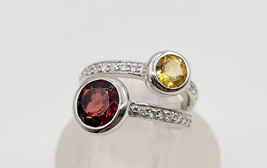 Silver 925 Genuine Garnet and Citrine Stone Ring