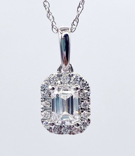 14k White Lab Diamond .62ct Emerald cut Pendant