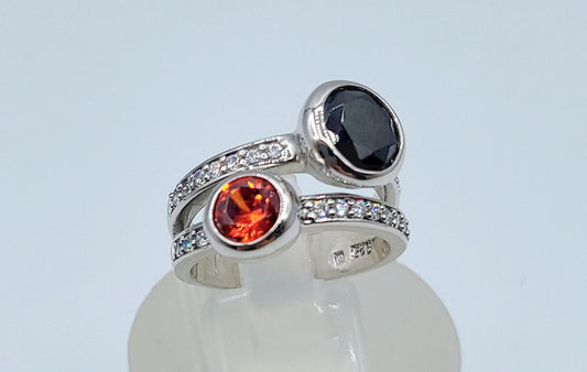 Silver Black and Orange Cubic Zirconia Ring