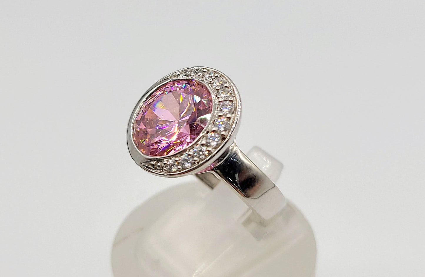 Silver 925 Round Pink Stone 12mm/ Cubic Zirconia Ring