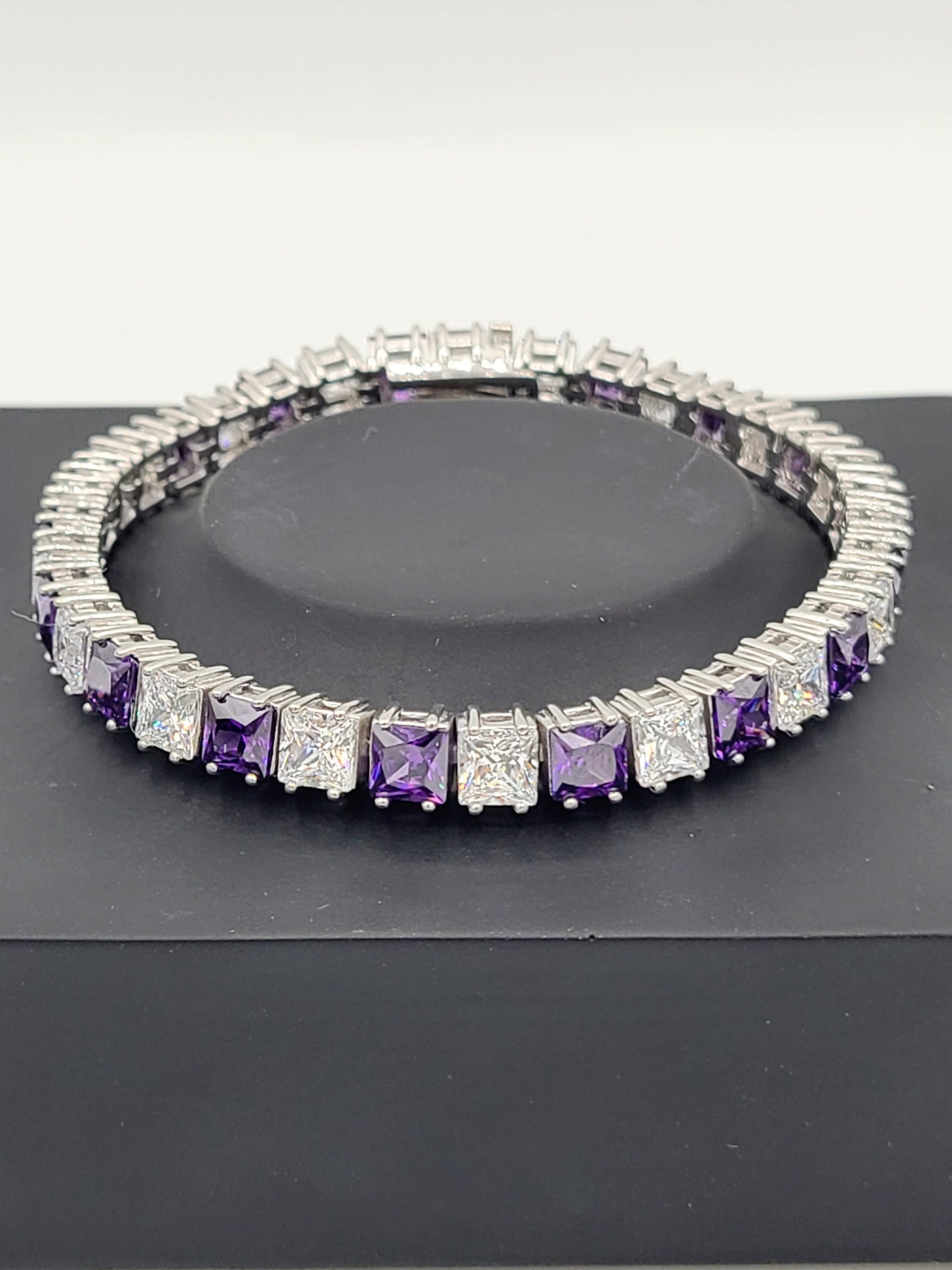 Rhodium Sterling Silver Bracelet with Cubic Zirconia  and Synthetic Amethyst