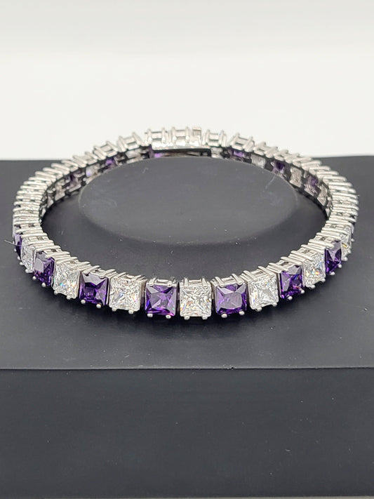 Rhodium Sterling Silver Bracelet with Cubic Zirconia  and Synthetic Amethyst
