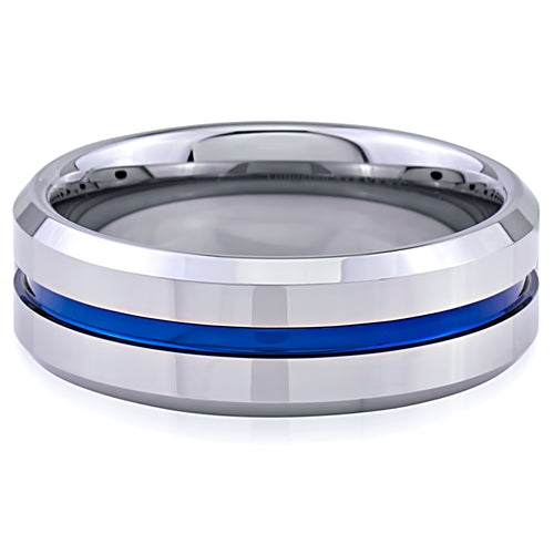 Tungsten Ring- 6mm, with Beveled Edge and Blue IP Plated Center Groove