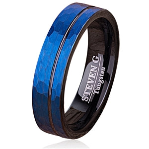 Tungsten Ring- 6mm Wide- with IP Black and Blue Plated, Hammered Groove Center