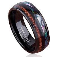 Tungsten Ring- 8mm Wide- Domed, IP Black Plated and Polished Shiny. Two Grooves, One with Abalone Shell Inlay, Another with Wood