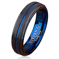 Tungsten Ring- 6mm Wide- with IP Black and Blue Plated. Step Edged and Groove Center, Polished Shiny and Vertical Brushed.