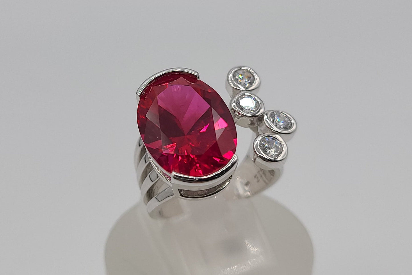 Silver 925 Dark Pink and  Cubic Zirconia Ring