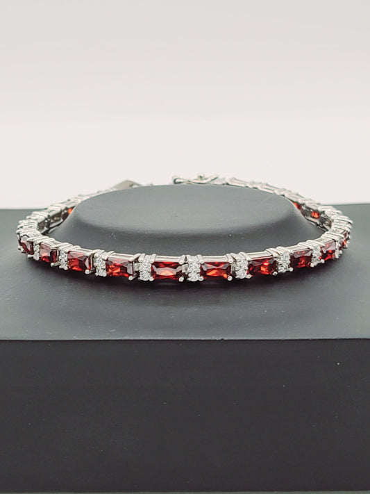 Rhodium Sterling Silver Bracelet with Cubic Zirconia and Synthetic Garnet 7"