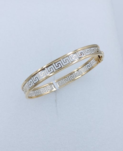 10k White and Yellow Gold Greek Design Bangle 8mm